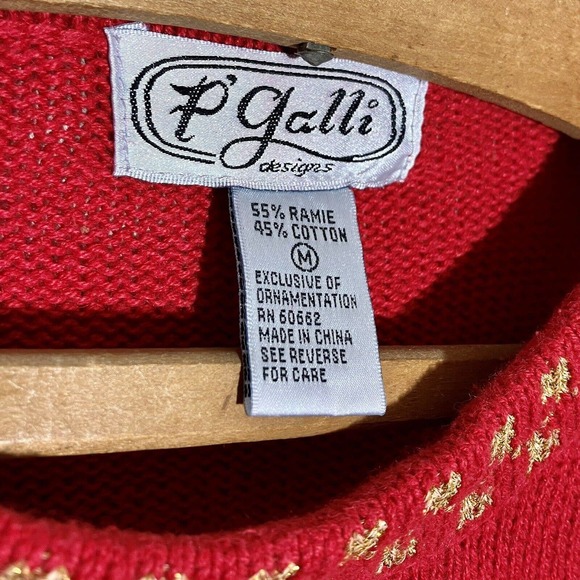 vintage ugly christmas sweater size M teddy bear Gold Lame Appliqué Sequins Red - Picture 2 of 11